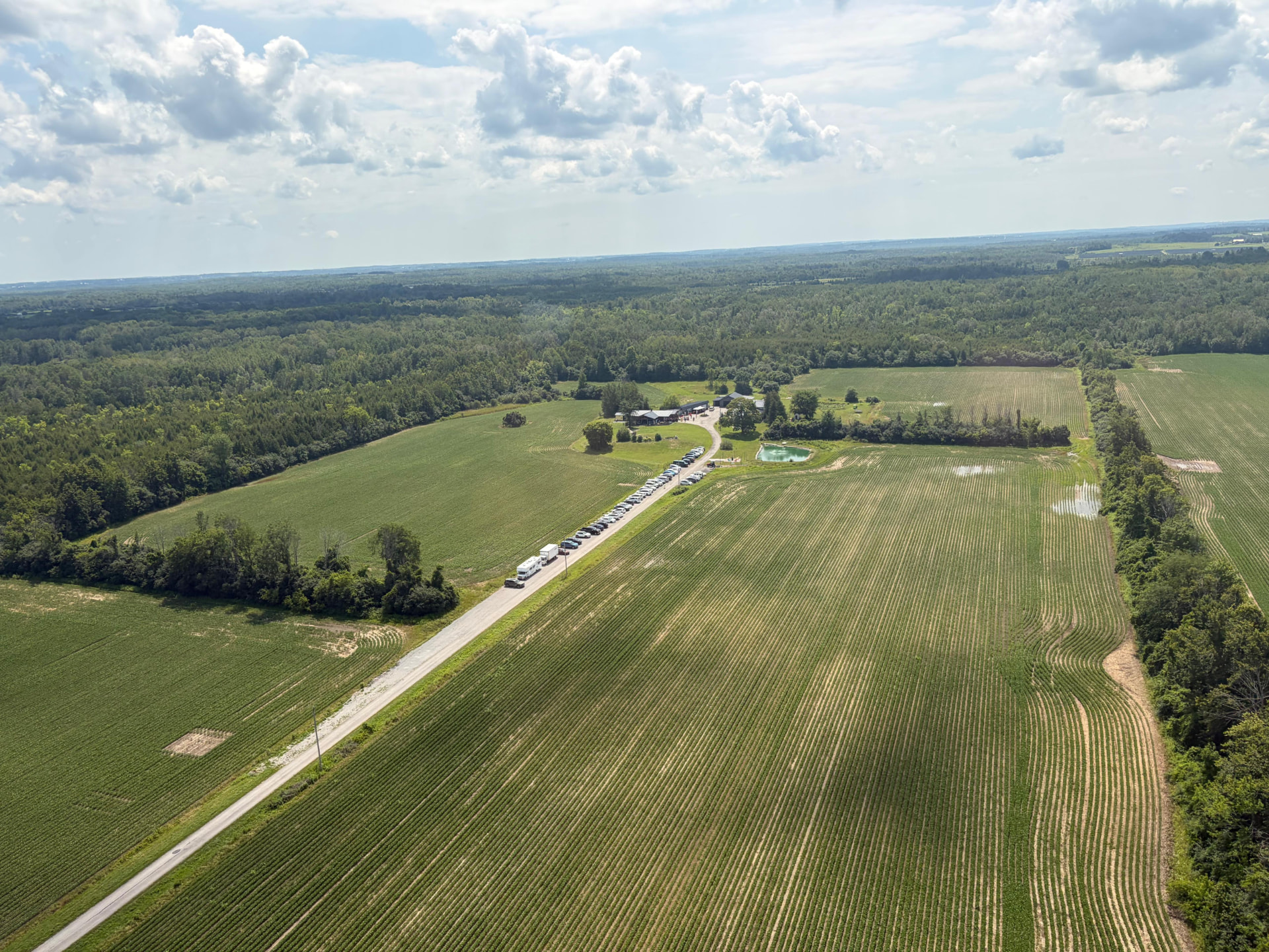 Aerial view of the estate gardens and open fields in Georgina, Ontario