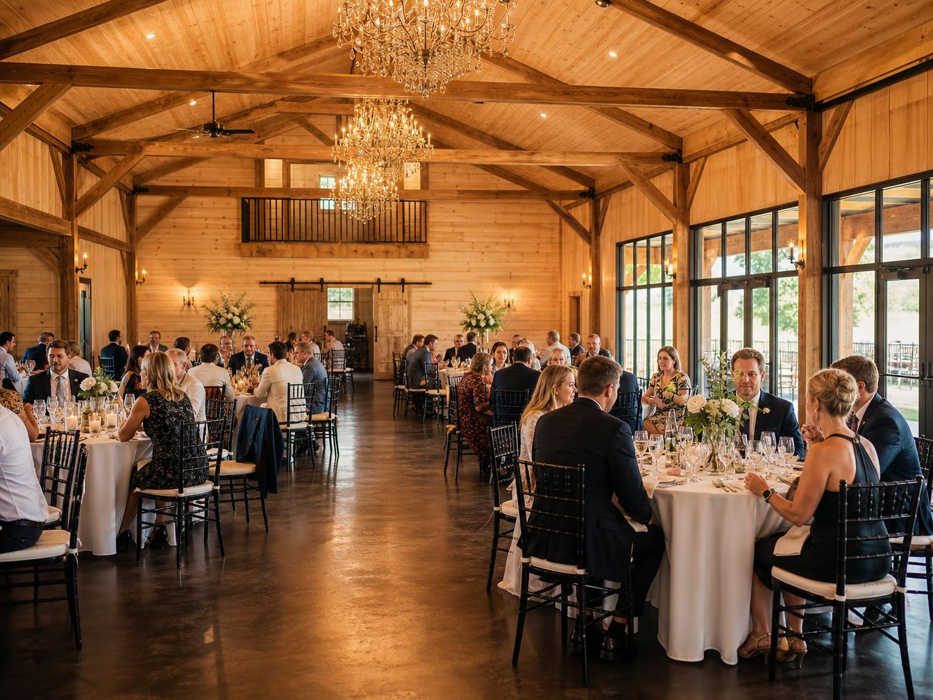 Elegant reception hall filled with guests and seated dining tables at SV Country Estate